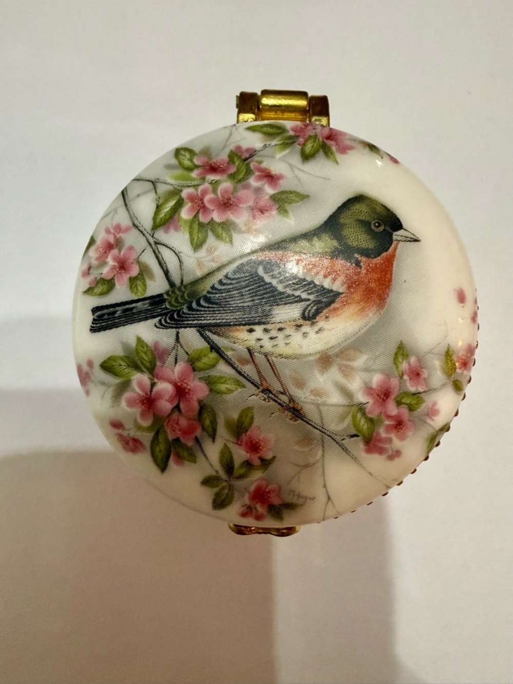 Porcelain Trinket Box Brambling Bird & Pink Floral Design Commemorative 20 Years